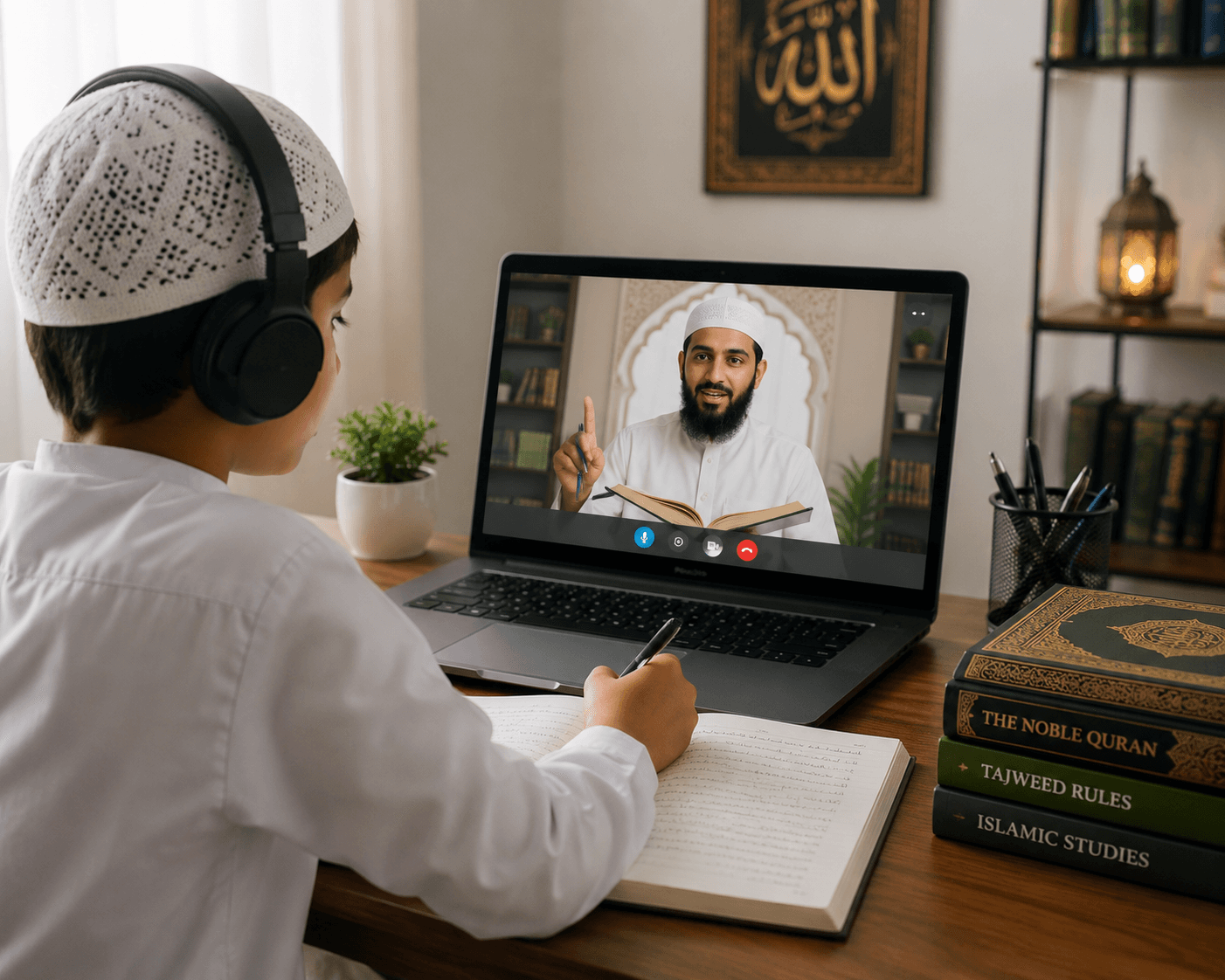 A student attending a live online Quran class